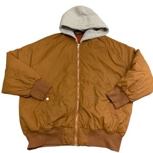 Favlux Fashion Women's Bomber Jacket Brown  w/ Gray Jersey Hood, Zip Up, Sz L!!